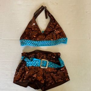 Reverence brown blue 2 piece dance costume sz YM